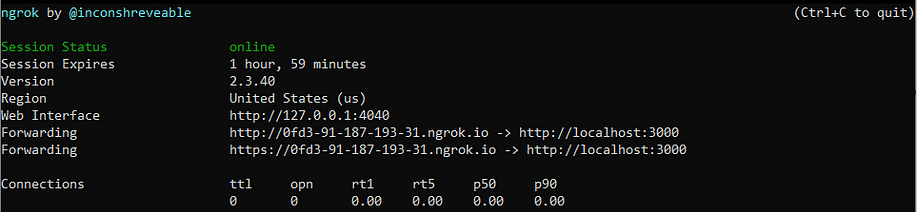 The result of the `ngrok http 3000` command