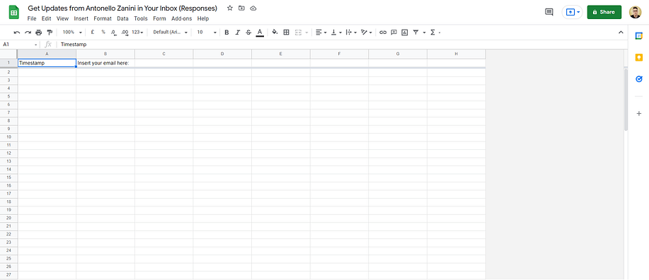 The empty Google Sheets document that will contain all the collected emails