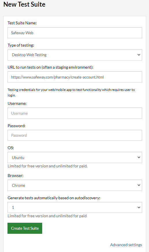 The testRigor “New Test Suite” form