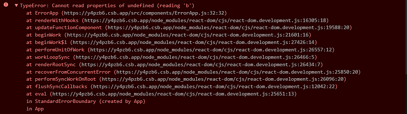 The stack trace of an error logged in the console