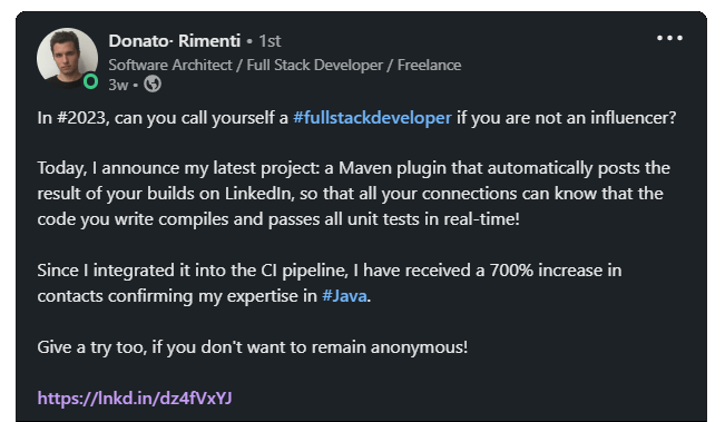 The original LinkedIn post to announce LinkedIn Maven Plugin