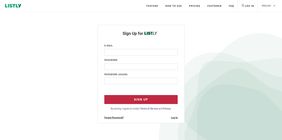 The Listly Sign Up page