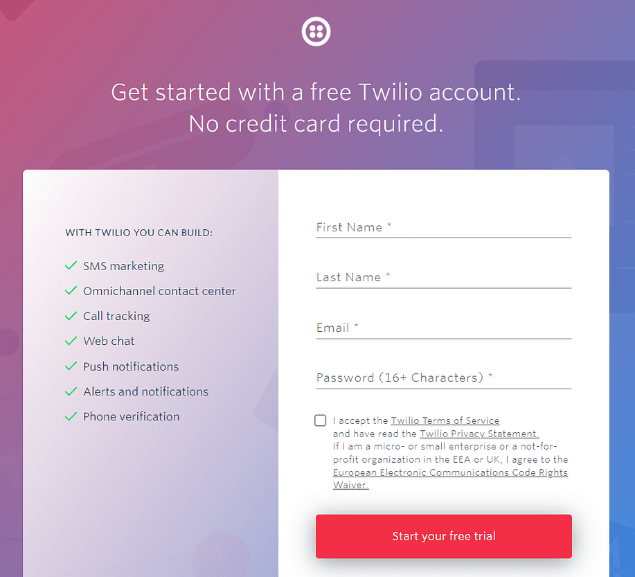 The Twilio signup form