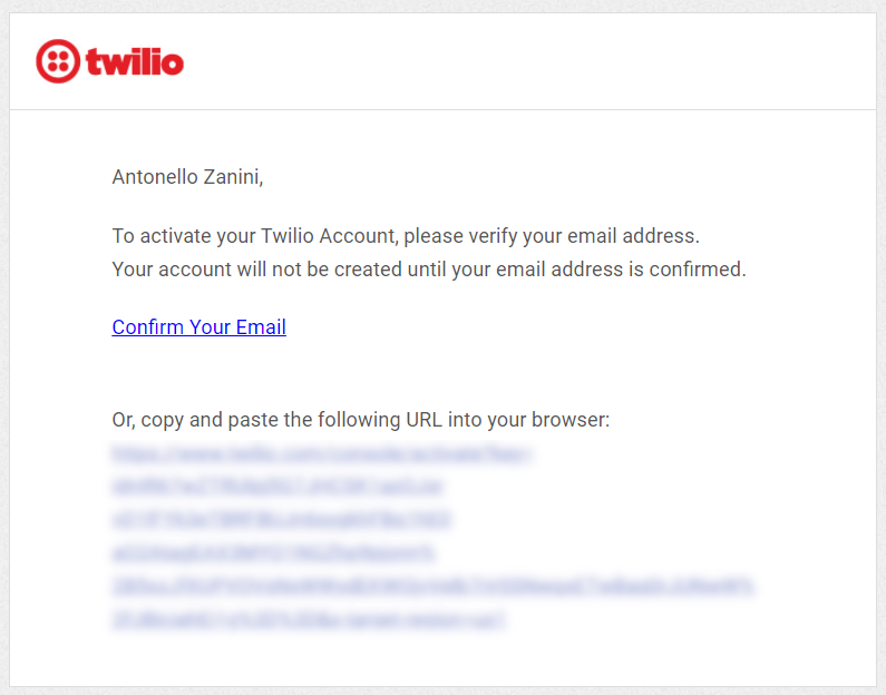 The email received by Twilio to verify my email