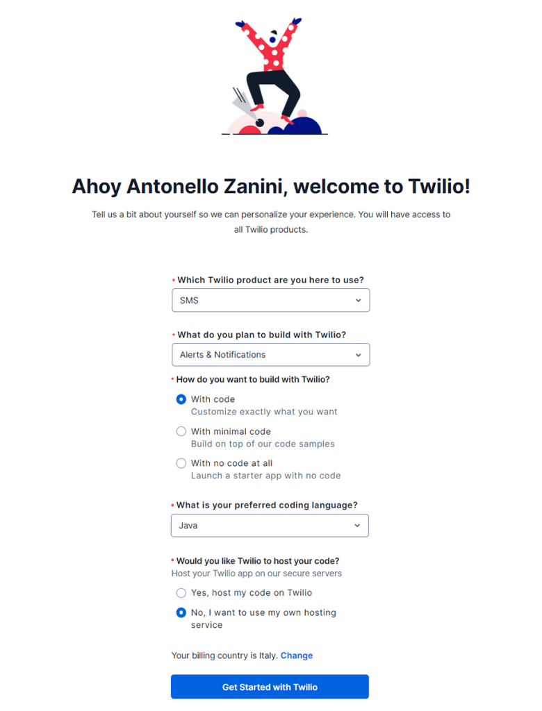 The Twilio initialization form