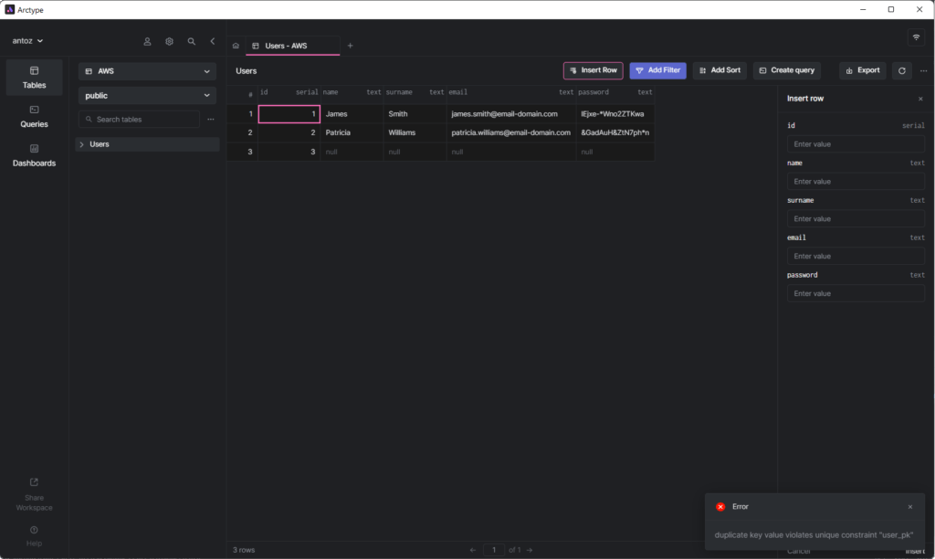 How a database client presents the error