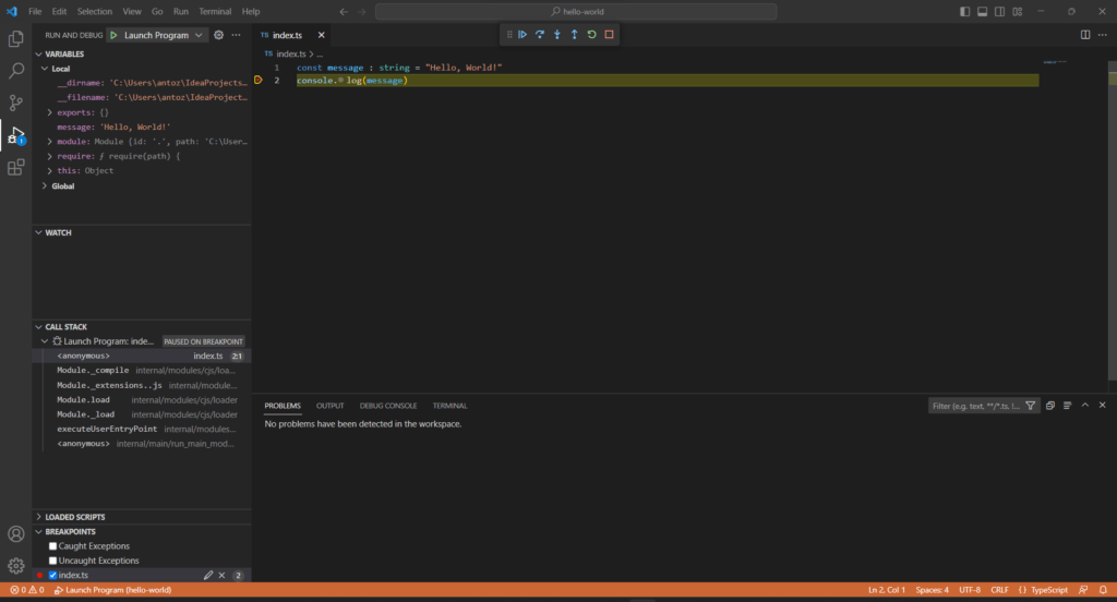 The Visual Studio Code debugger in action